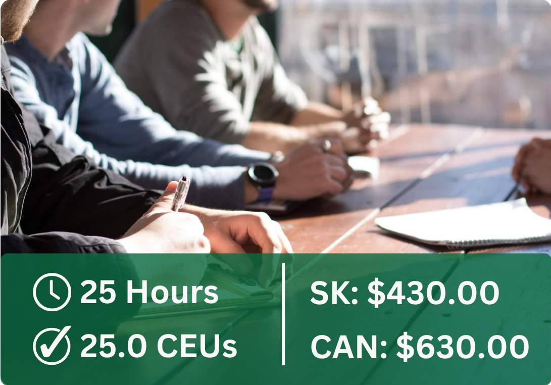 This course is 25 hours, 25.0 CEUs. For Saskatchewan pharmacy professionals, it costs $430.00. For other pharmacy professionals it costs $630.00